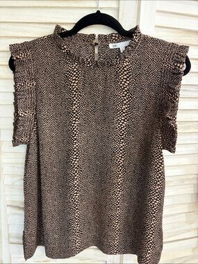 DR2 Black and Beige Animal-Print Ruffle-Sleeve Blouse